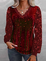 Casual Vintage Sequins V Neck Long Sleeve Loose Blouse
