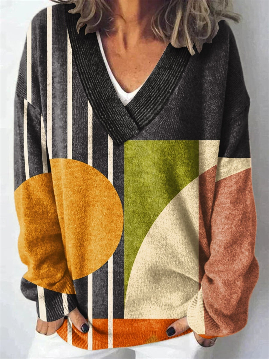 Minimalist Abstract Geometry Art Print V-Neck Long Sleeve Pullover Sweater