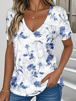Vintage Floral Print V-neck Short Sleeve T-Shirt