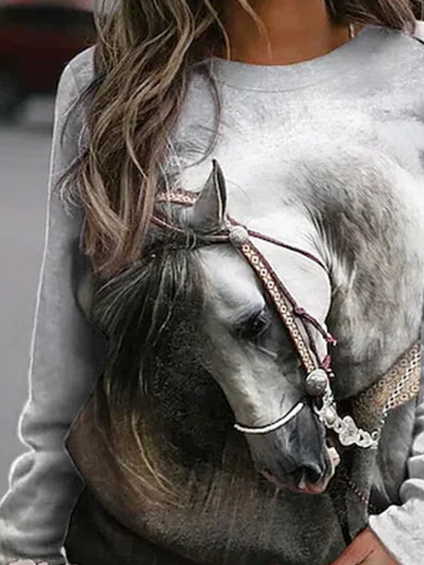 Multi Casual Graphic Tops Round Neck Long Sleeve Horse Printed Sweatshirt