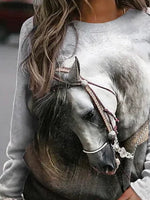 Multi Casual Graphic Tops Round Neck Long Sleeve Horse Printed Sweatshirt