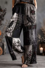 Women's Halloween Black Grey Patchwork Crow Rose Embroidery Drawstring Elastic Waist Wide Leg Pants