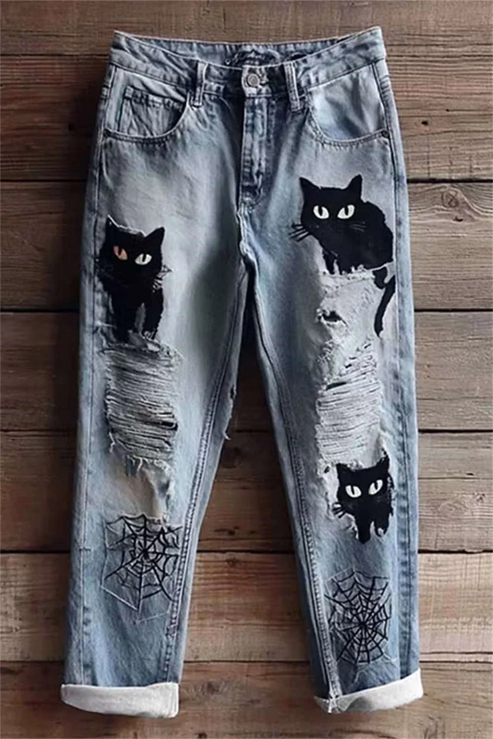 Women's Halloween Light Blue Cat Spider Print High Waist Ankle Length Pants