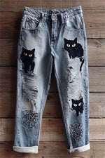 Women's Halloween Light Blue Cat Spider Print High Waist Ankle Length Pants