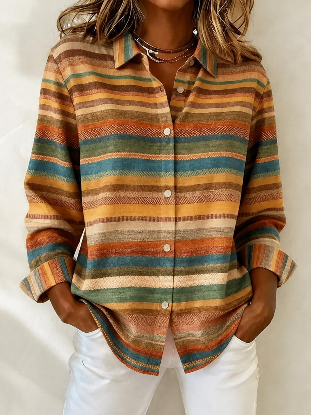 Women Casual Abstract Stripes Vintage Shirt Shirt Collar Long Sleeve Printing Top