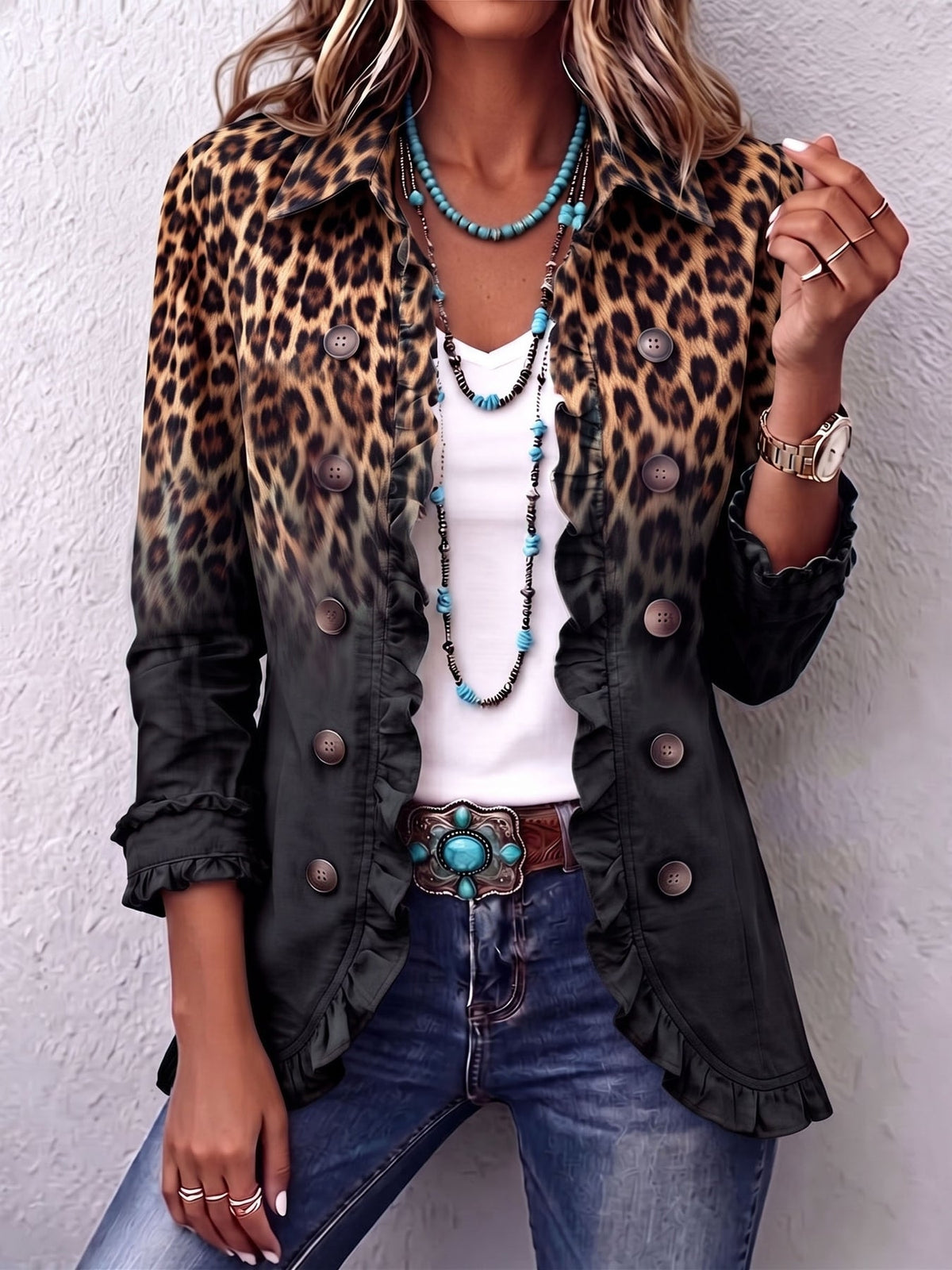 Bold Boho Leopard & Teal Ruffle Blazer Jacket