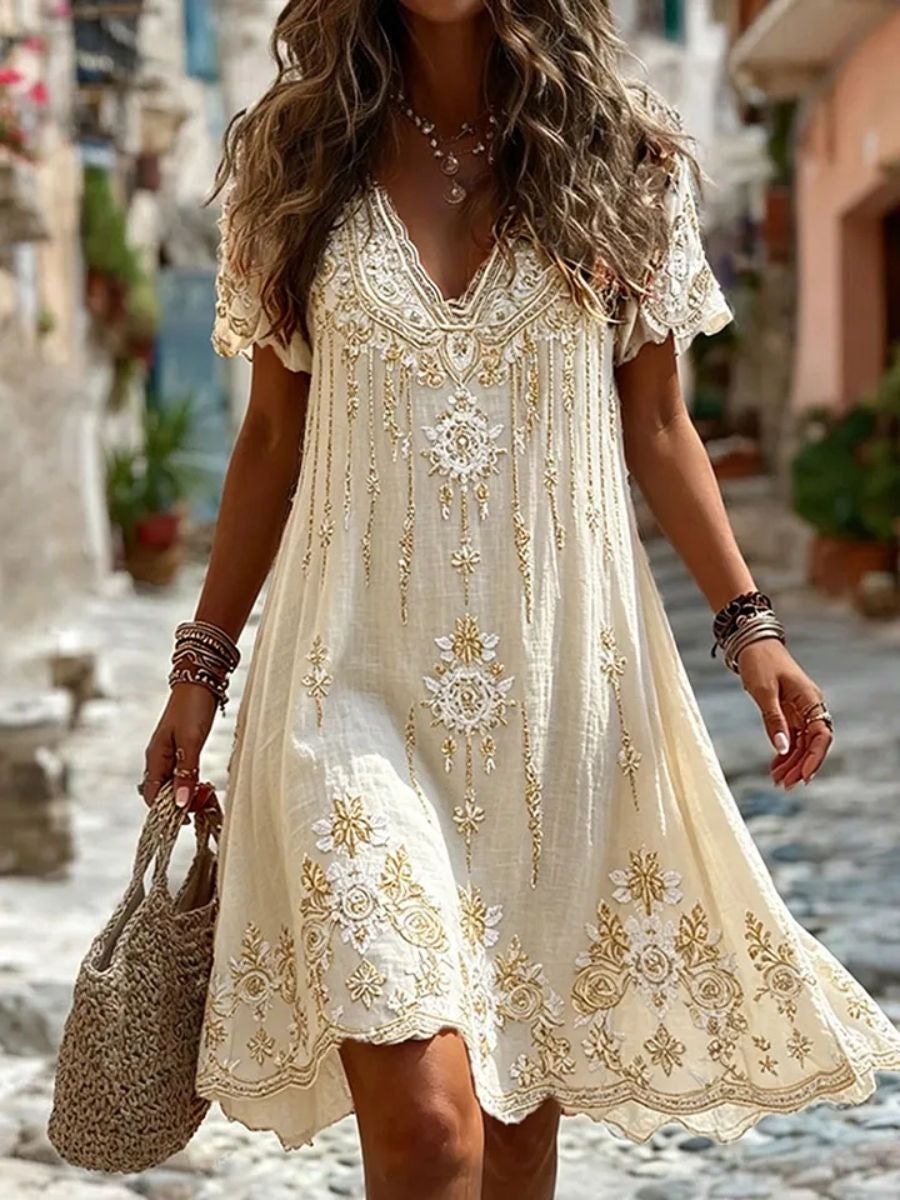 Women's Vacation Ivory Gold Floral Embroidery V Neck Short Sleeve Mini Dress