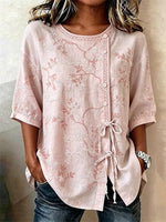 Women's Pink Floral Embroidery Lace Trim Round Neck Half Sleeve Drawstring Blouse