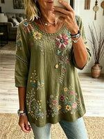 Women's Olive Green Floral Embroidery Hollow Trim Round Neck 3/4 Sleeve Blouse