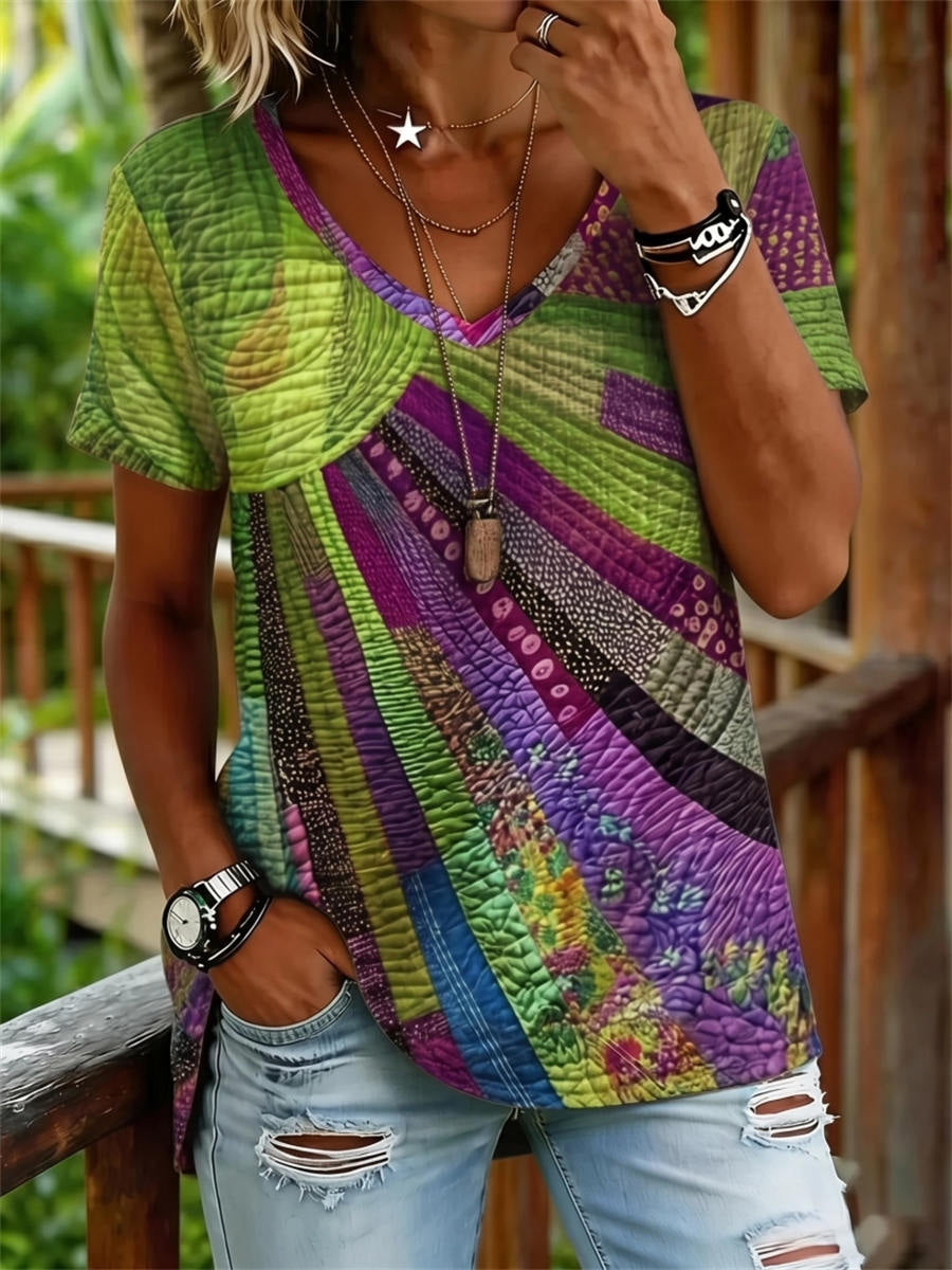 Women's Retro Green Purple Patchwork Quilt Texture Print V Neck Short Sleeve Blouse