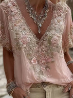 Women's Pink Floral Lace Embroidery V Neck Short Sleeve Blouse