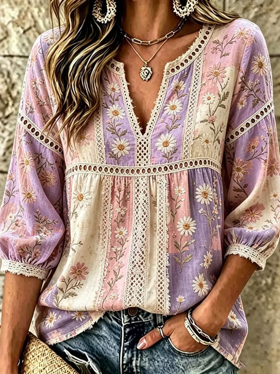 Women's Purple Pink Daisy Floral Print Lace V Neck 3/4 Puff Sleeve Blouse