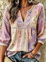 Women's Purple Pink Daisy Floral Print Lace V Neck 3/4 Puff Sleeve Blouse