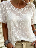 Women's White Floral Lace Scalloped Round Neck Short Sleeve Blouse