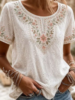 Women's White Floral Embroidery Eyelet Rhinestone Round Neck Short Sleeve Blouse