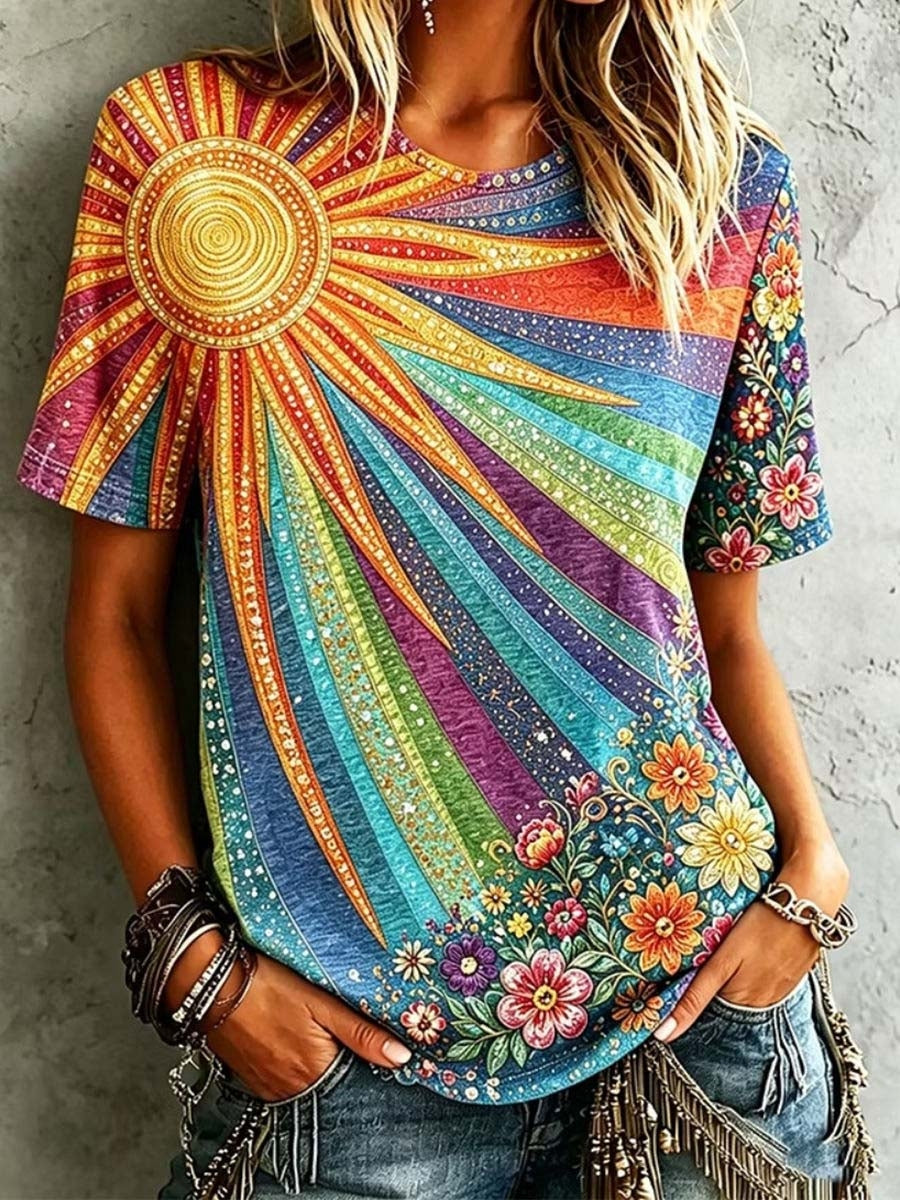 Women's Rainbow Sun Floral Round Neck Short Sleeve Blouse