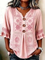 Women's Pink Floral Embroidery Lace V Neck 3/4 Ruffle Sleeve Blouse