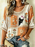 Women's Orange Patchwork Cat Floral Butterfly Embroidery Lace Round Neck 3/4 Sleeve Blouse