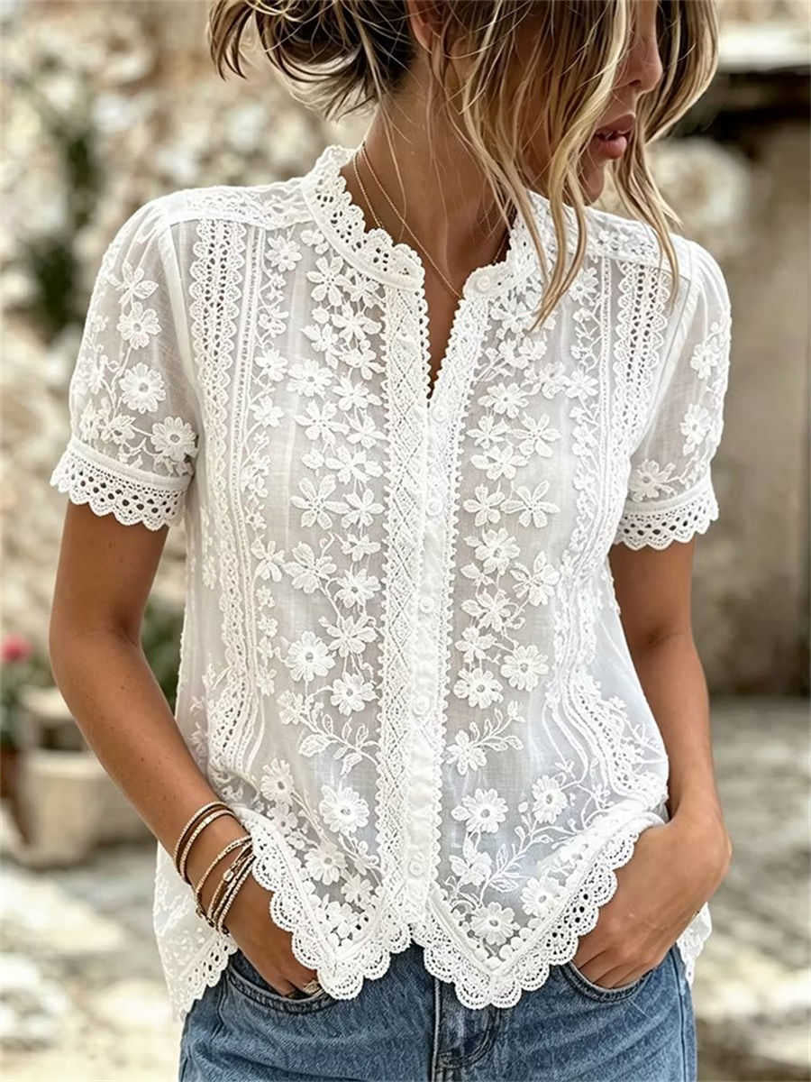 Women's White Floral Embroidered Lace Trim Stand Collar Short Sleeve Blouse