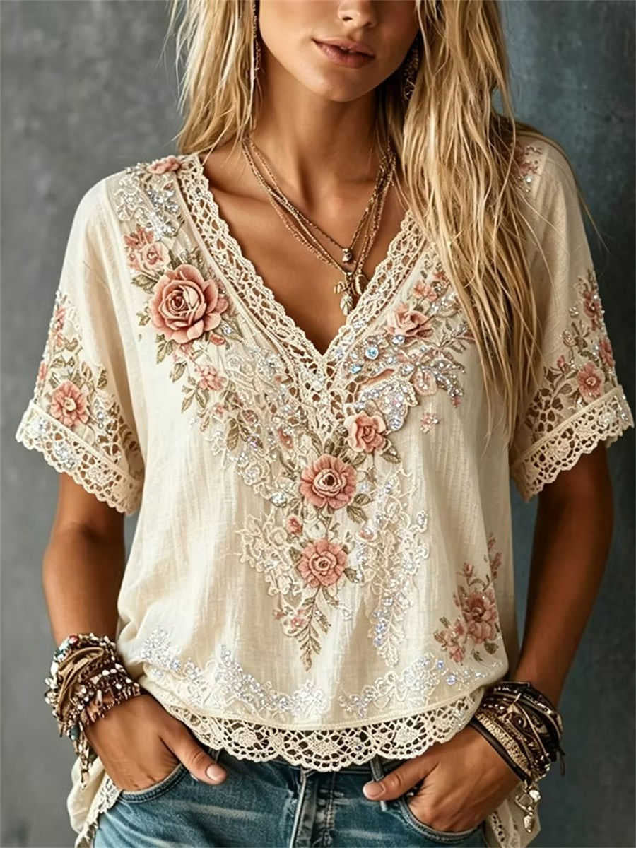 Women's Beige Floral Rhinestone Embroidered Lace Trim V Neck Short Sleeve Blouse