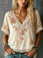 Women's Beige Floral Rhinestone Embroidered Lace Trim V Neck Short Sleeve Blouse
