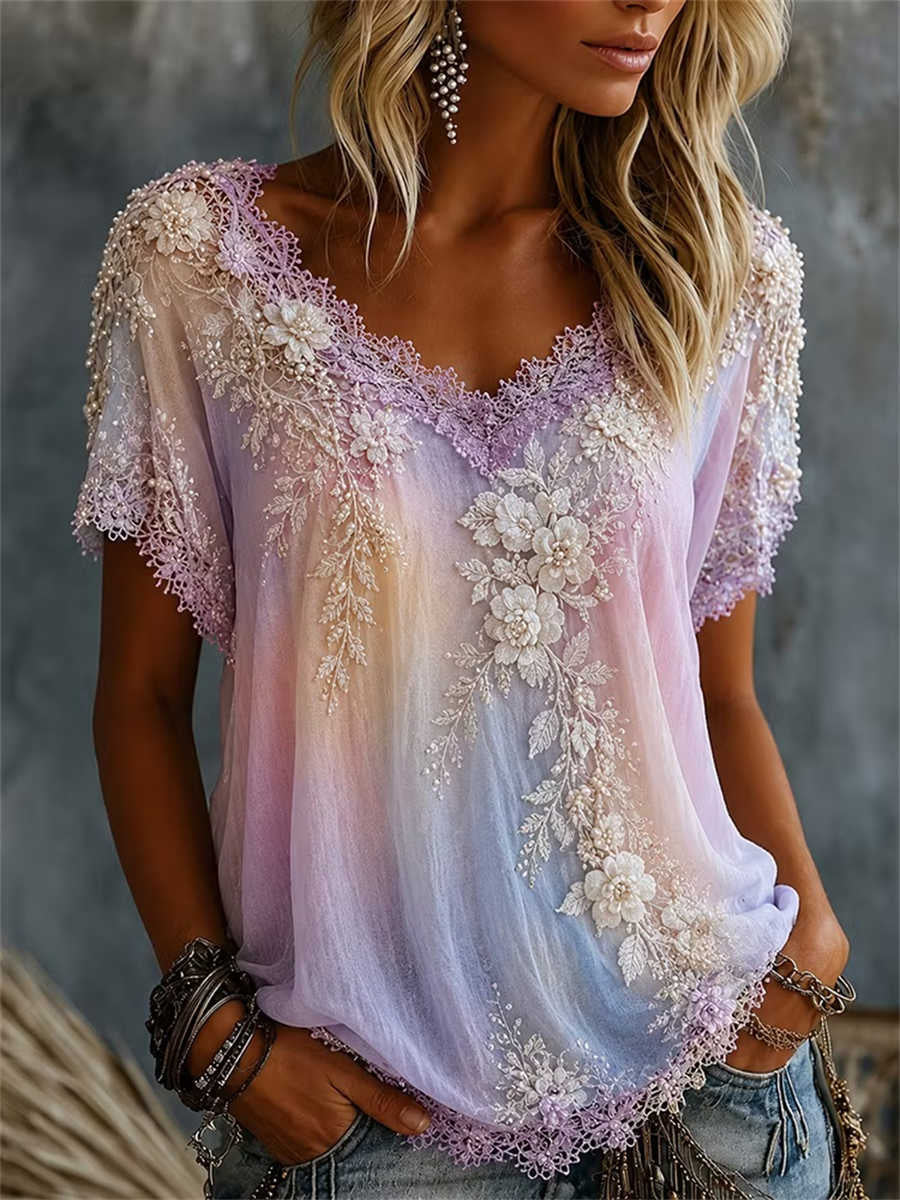 Women's Purple Gradient Floral Embroidered Lace V Neck Short Sleeve Blouse