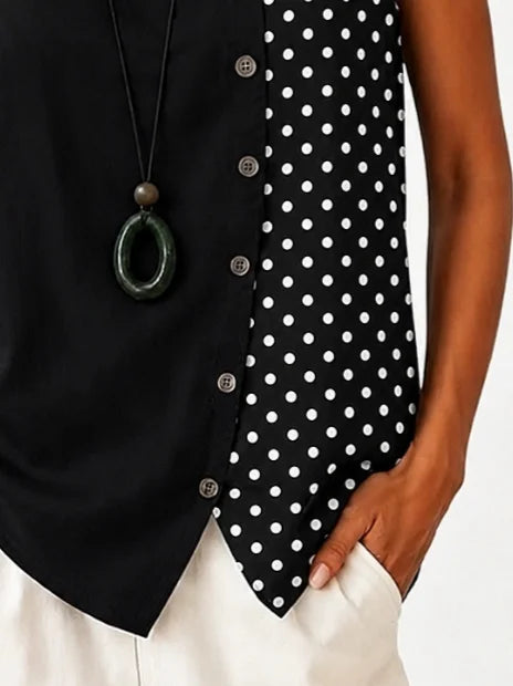 Women Crew Neck Color Block Polka Dot Sleeveless Casual Tank Top