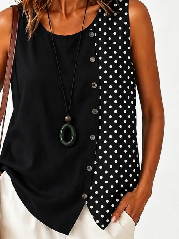 Women Crew Neck Color Block Polka Dot Sleeveless Casual Tank Top