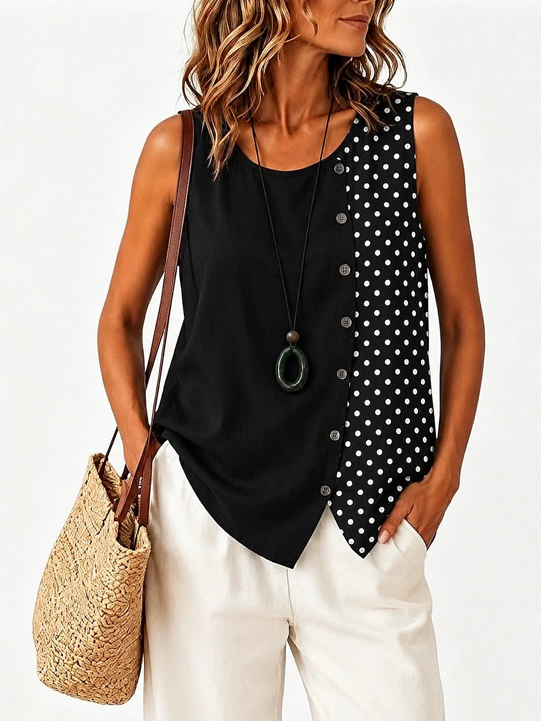 Women Crew Neck Color Block Polka Dot Sleeveless Casual Tank Top