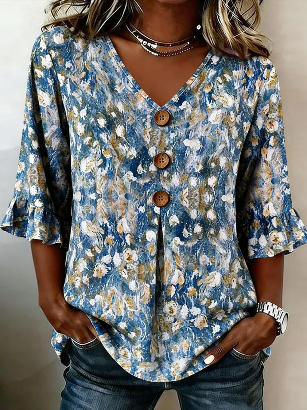 Women V Neck Half Sleeve Abstract Print Casual Blouse