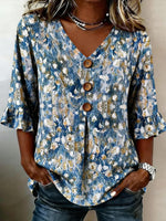Women V Neck Half Sleeve Abstract Print Casual Blouse