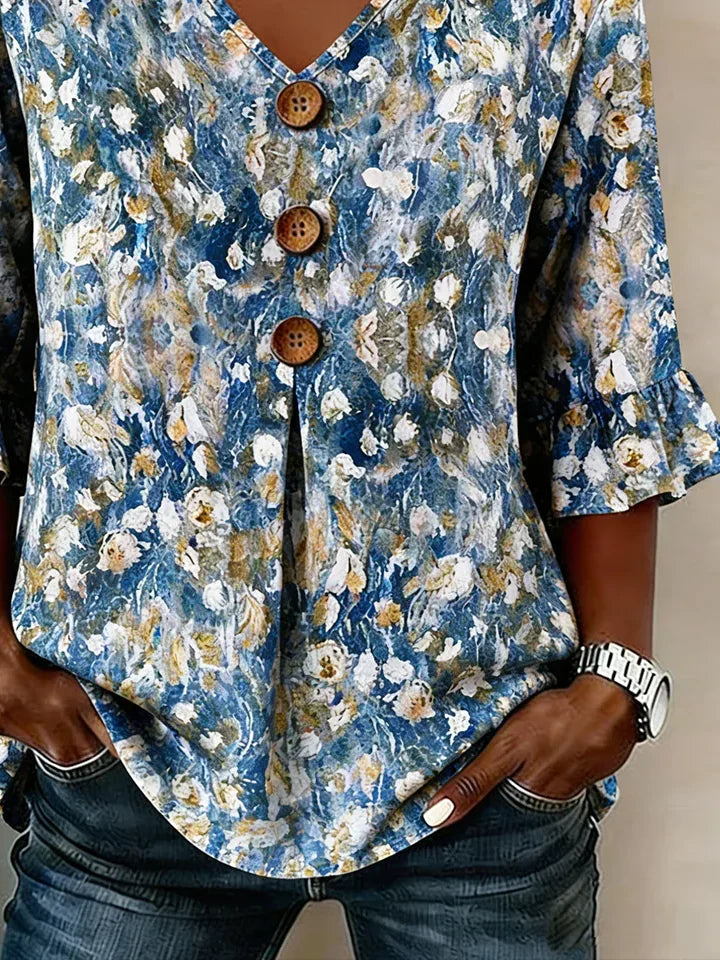 Women V Neck Half Sleeve Abstract Print Casual Blouse