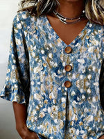 Women V Neck Half Sleeve Abstract Print Casual Blouse