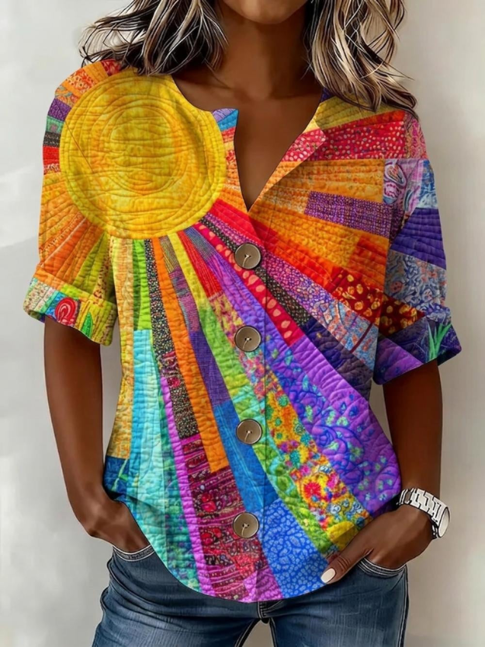 Women Ethnic Abstract Print Stand Collar Long Sleeve Loose Shirt