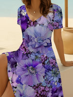 Women V Neck Short Sleeve Purple Floral Midi A-Line Fit & Flare Dress