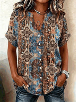 Women V Neck Short Sleeve Paisley Floral Loose Button Down Shirt