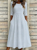 Women Striped Summer Printing Dress Crew Neck Half Sleeve H-Line Dress