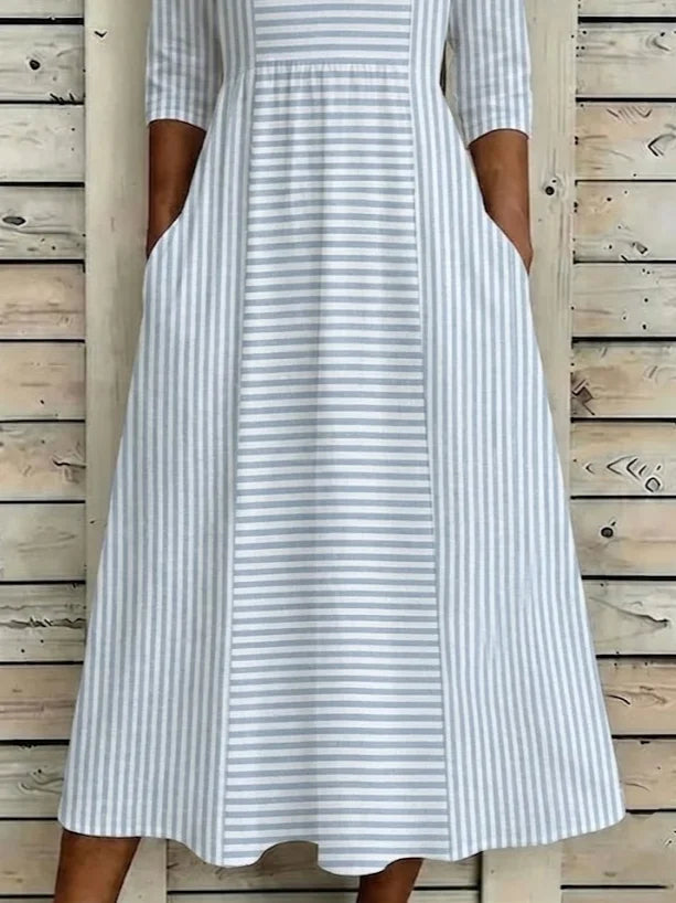 Women Striped Summer Printing Dress Crew Neck Half Sleeve H-Line Dress
