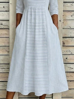 Women Striped Summer Printing Dress Crew Neck Half Sleeve H-Line Dress