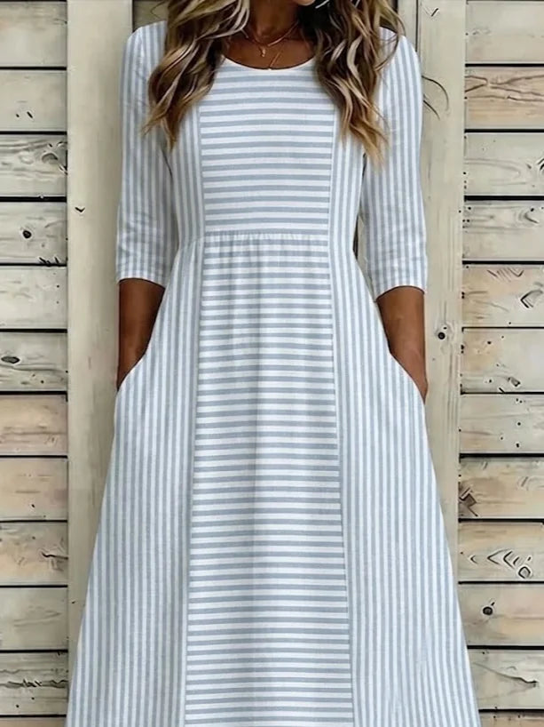 Women Striped Summer Printing Dress Crew Neck Half Sleeve H-Line Dress