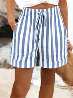 Striped Cotton Blend Pocket Drawstring Wide Leg Summer Going Out Casual Loose Shorts