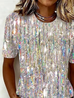 Women Crew Neck Short Sleeve Iridescent Glitter Abstract Loose Graphic T-shirt