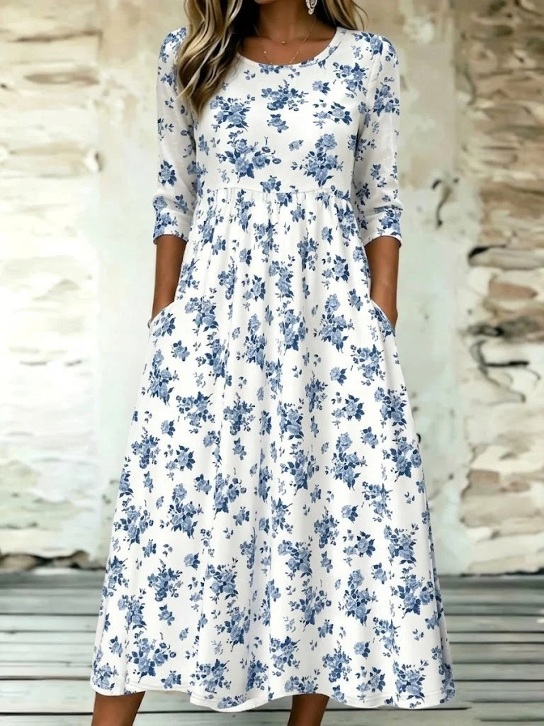 Women Crew Neck Half Sleeve White Blue Floral Maxi A-Line Dress