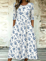 Women Crew Neck Half Sleeve White Blue Floral Maxi A-Line Dress