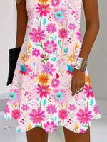 Women Crew Neck Sleeveless Pink Floral Midi Tank A-Line Dress
