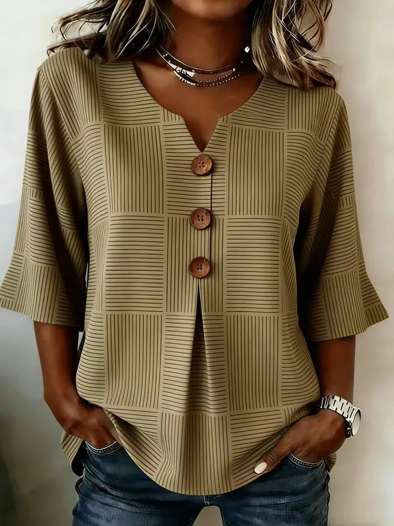 Stand Collar Three Quarter Sleeve Plain Regular Loose Shirt For Women