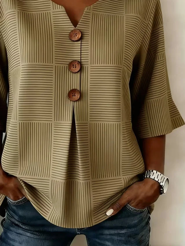 Stand Collar Three Quarter Sleeve Plain Regular Loose Shirt For Women