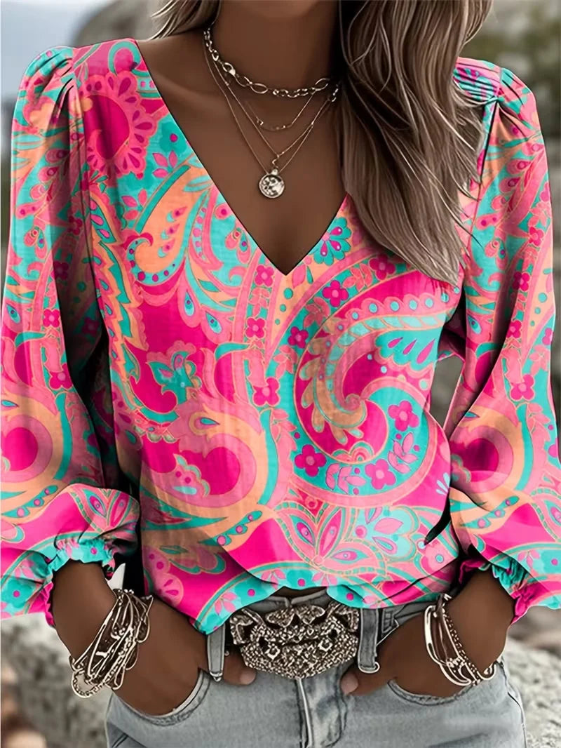 Women Floral V Neck Long Sleeve Pink Paisley Casual Spring/Fall Blouse
