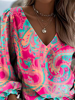 Women Floral V Neck Long Sleeve Pink Paisley Casual Spring/Fall Blouse