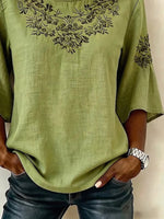 Women Crew Neck Half Sleeve Green Floral Vintage Casual Summer Top